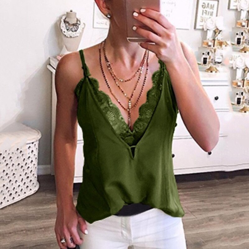 Women&#39;s Sexy Camisole Summer Deep V Neck Lace Tank Top Adjustable Spaghetti Strapless Backless Bottoming Shirt Vest Thin Comfor