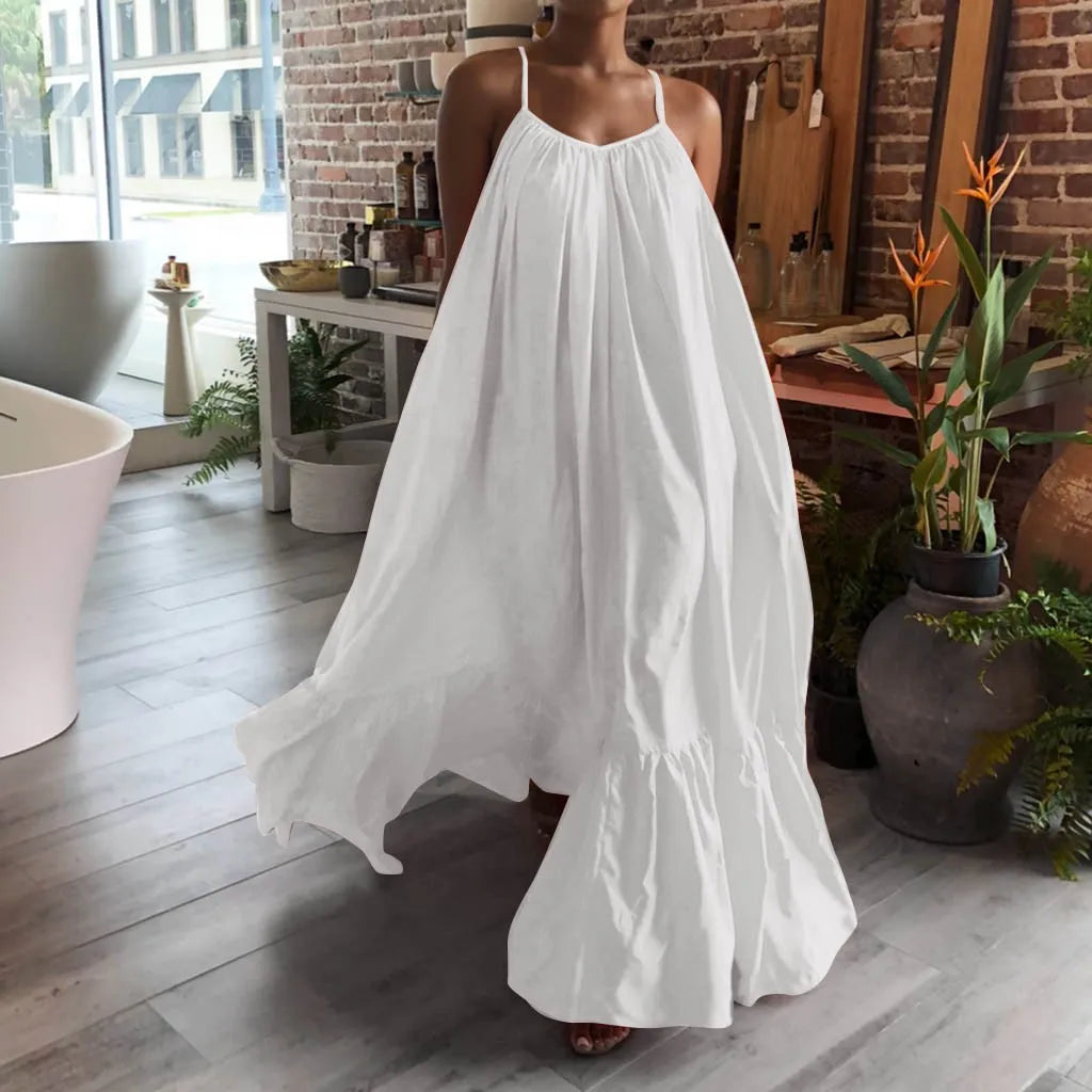 Women Boho Dress Fashion Casual Solid Sleeveless Strap Dress Pocket Loose Backless Big Swing Dress Summer Dress 2023 Vestidos