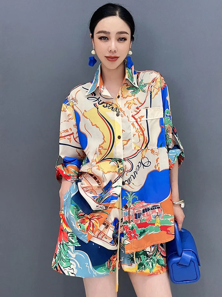 SHENGPALAE 2 Piece Set 2024 Summer New Printed Short Sleeved Shirt And Shorts Casual Fashion Elegant Loose Women's Clothes R9745