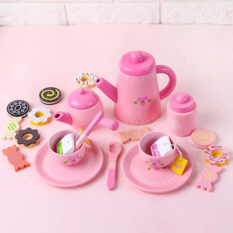 Wooden Simulation Kitchen Afternoon Tea Toy Pink Large Pot Teacup Tea Set Girl Kitchen Pretend Play Toy Set Toys Gifts For Kids