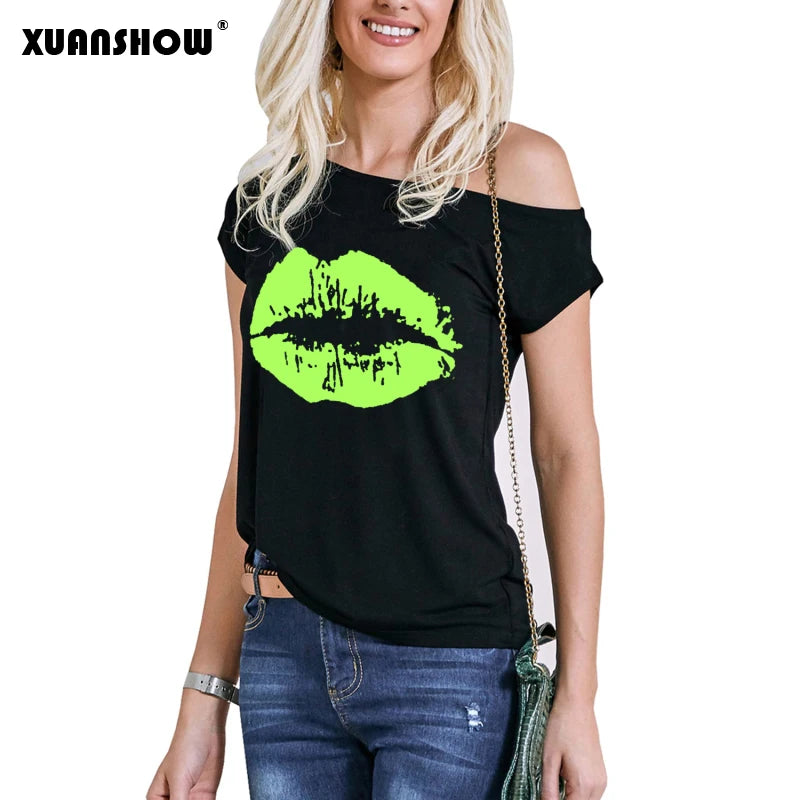 XUANSHOW 2024 Summer Sexy Women's Lips Print Causal Off The Shoulder Loose T-Shirt Tops