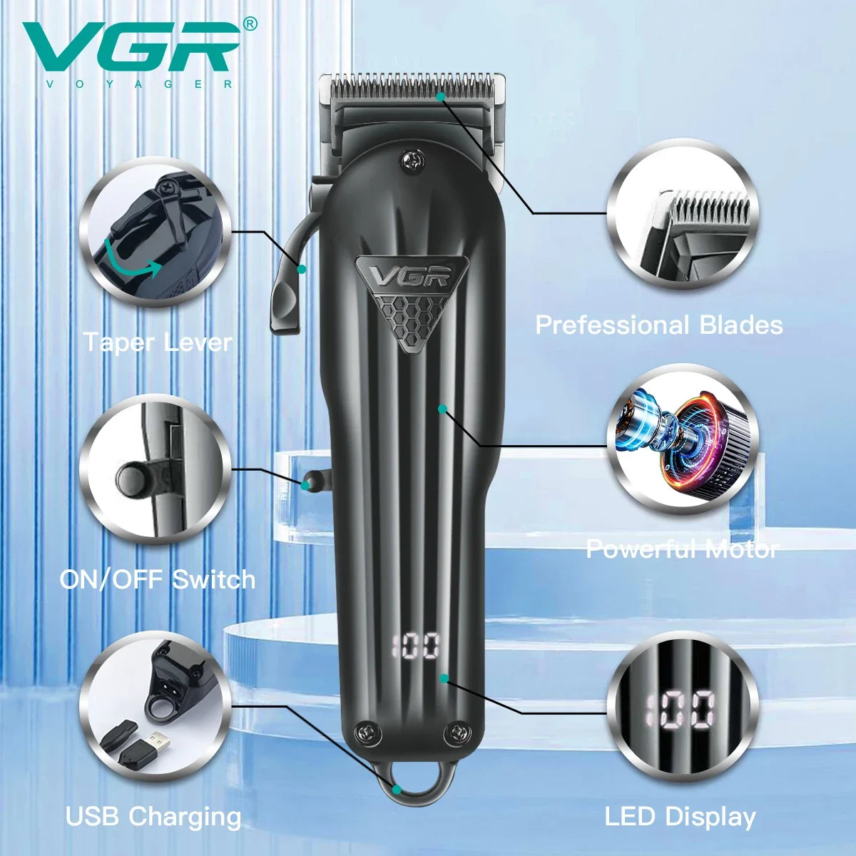 VGR Original Electric Hair Clipper Professional Hair Trimmer For Men Beard Hair Cutting Machine Digital Display V-282