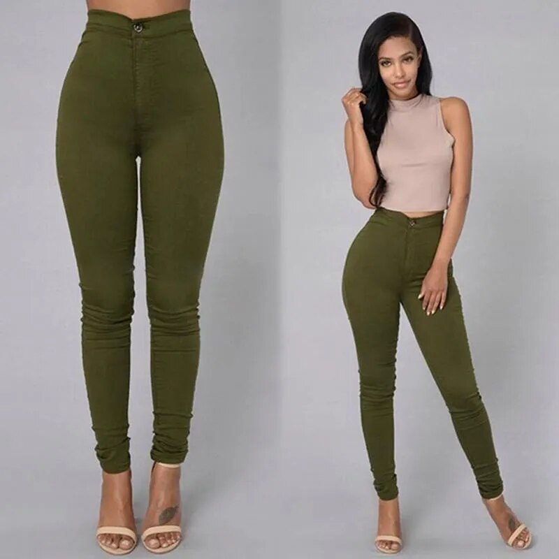 Women's Fashion Plain Color Skinny Jeans Zipper Trousers Casual High Waist Leggings Stretch Push Up Pencil Feet Pants Bottoms