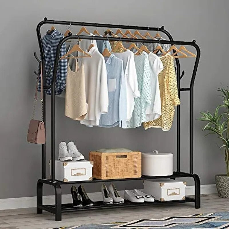 UDEAR Garment Rack Freestanding Hanger Double Rods Multi-functional Bedroom Clothing Rack, Double layer ，4 Hooks，