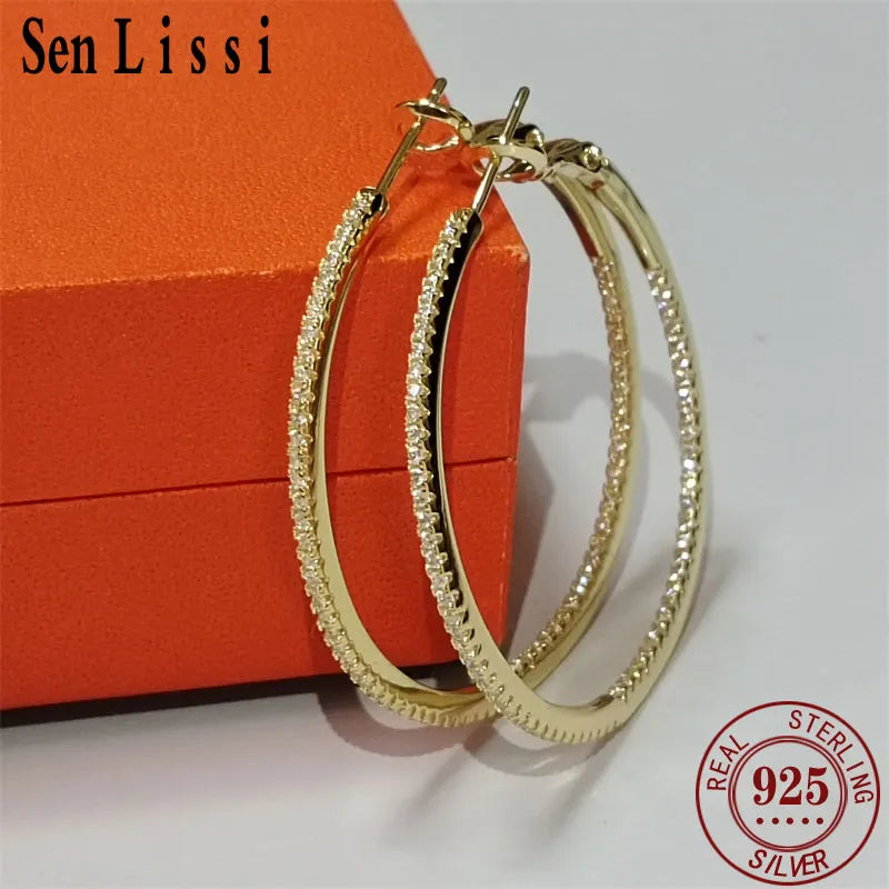 Senlissi -18 K Gold diamond Hoop Earrings For Women 925 Sterling Silver Original Fashion Earring Cерьги Kольца Rings Real gold