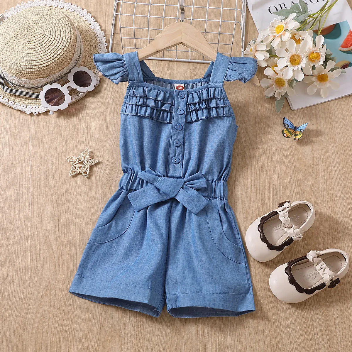 Summer girls' clothes, children's bow denim sleeveless one-piece, European and American street style kids clothing