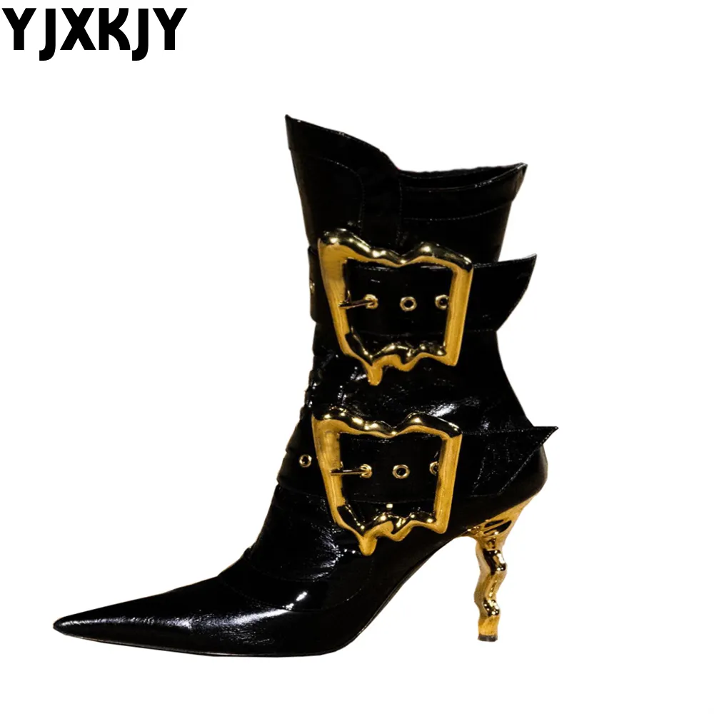 Women's New Fashion Knee Length Boots Pointed Belt Buckle Side Zipper Sexy Show Party Banquet Women's Medium Boots Ladies