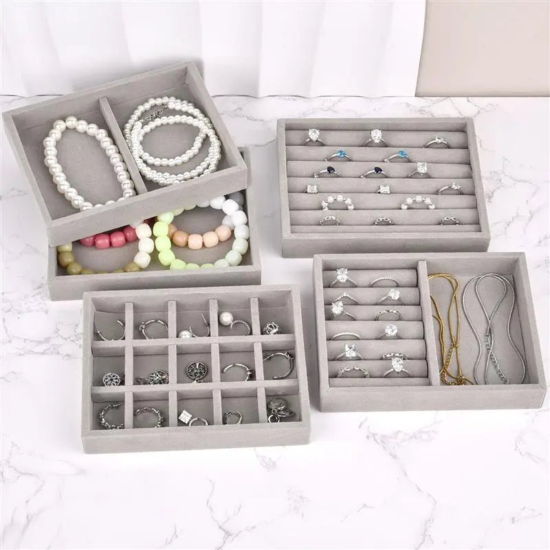 Velvet Jewelry Storage Box Necklace Stackable Display Tray DIY Earring Ring Bracelet Organizers DIY Handicrafts Drawer Box Grey