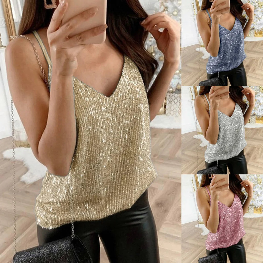 Tops For Women Sequins Vestes Womens Glitter Strappy Tank Tops Sleeveless Spaghetti Straps Shiny Clubwear V-neck Sling Summer