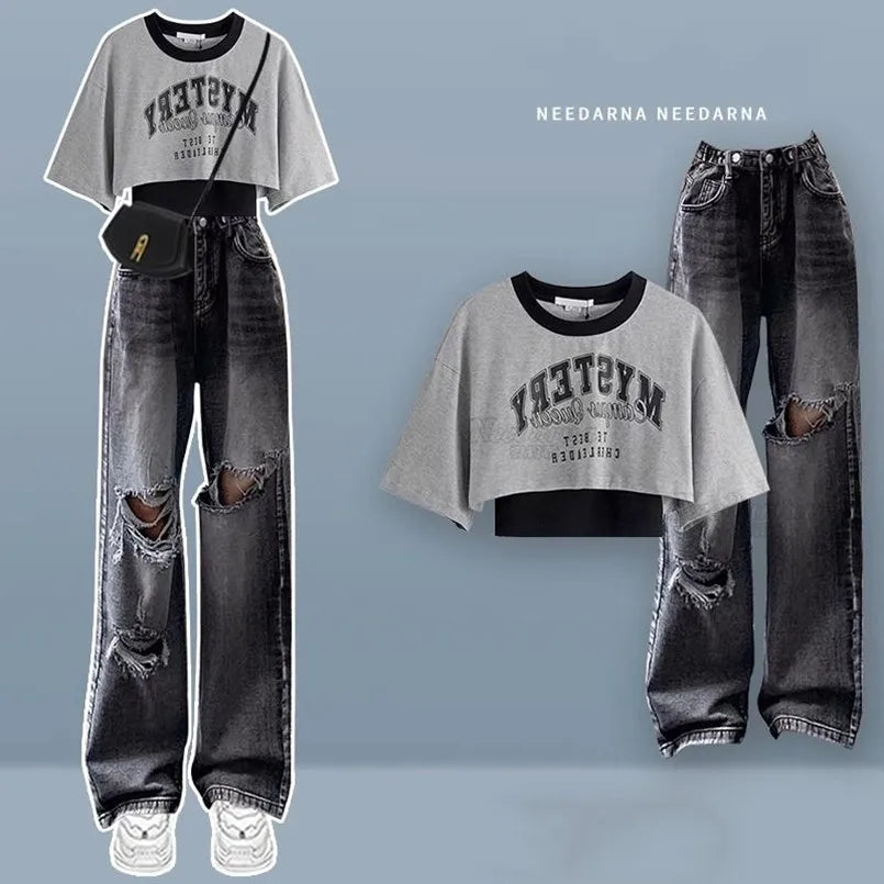 Spring/Summer Sweet Cool Set for Female Students Korean Fashion T-shirt+Personalized Ripped Jeans Two-piece Set