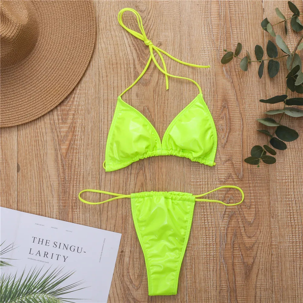 Sexy Neon Bikinis Push Up Swimwear Bright PU Leather Women 2024 Thong Swimsuit Micro High Cut Triangle Female Bathing Suit Mujer