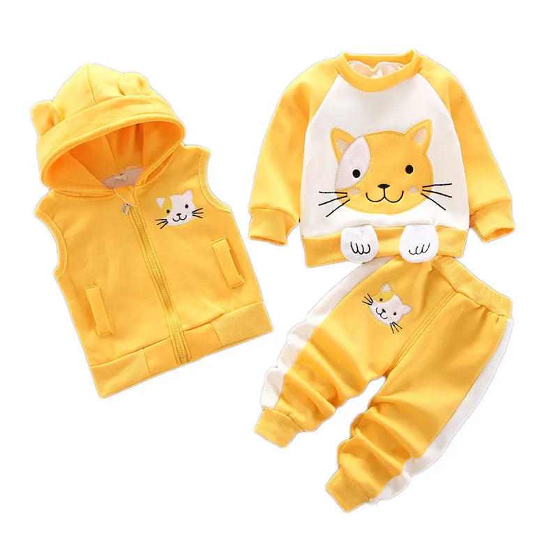 Winter Cold Children Set Boy Girl Thicken Plush Warm 2021 New Cartoon Bear Vest+Top+Pant 3Pcs for Kids Clothes Baby Clothing Set