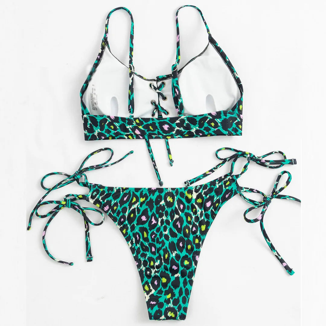 2024 New Sexy Bikini Women Green Leopard Print Swimwear Swimsuit Knotted Bikinis Set Bathing Suit Beach Bikini Female Push Up