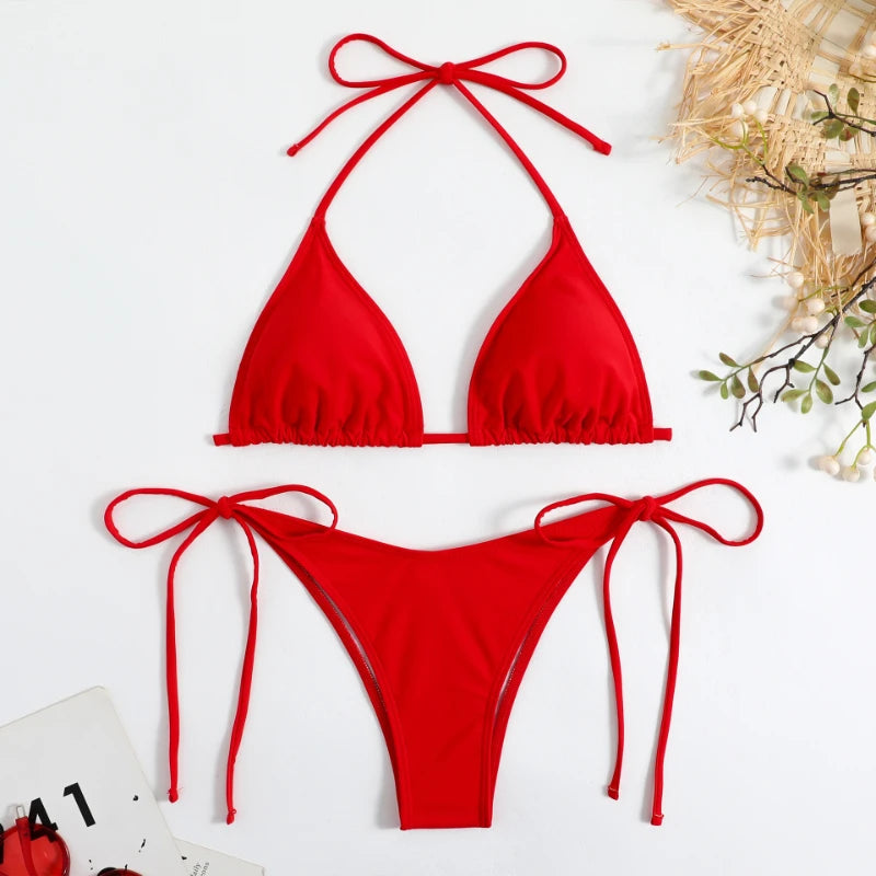 Sexy Women Thong Solid Color Bikini Set Side Halter Tie Swimsuit Ladies Split Strap Adjustable  Brazilian Swimwear Beachwear