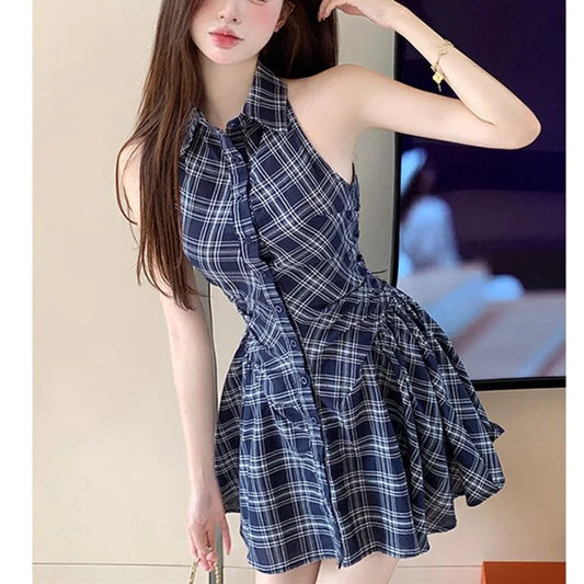 Women Summer Plaid Sleeveless Mini Shirt Dress