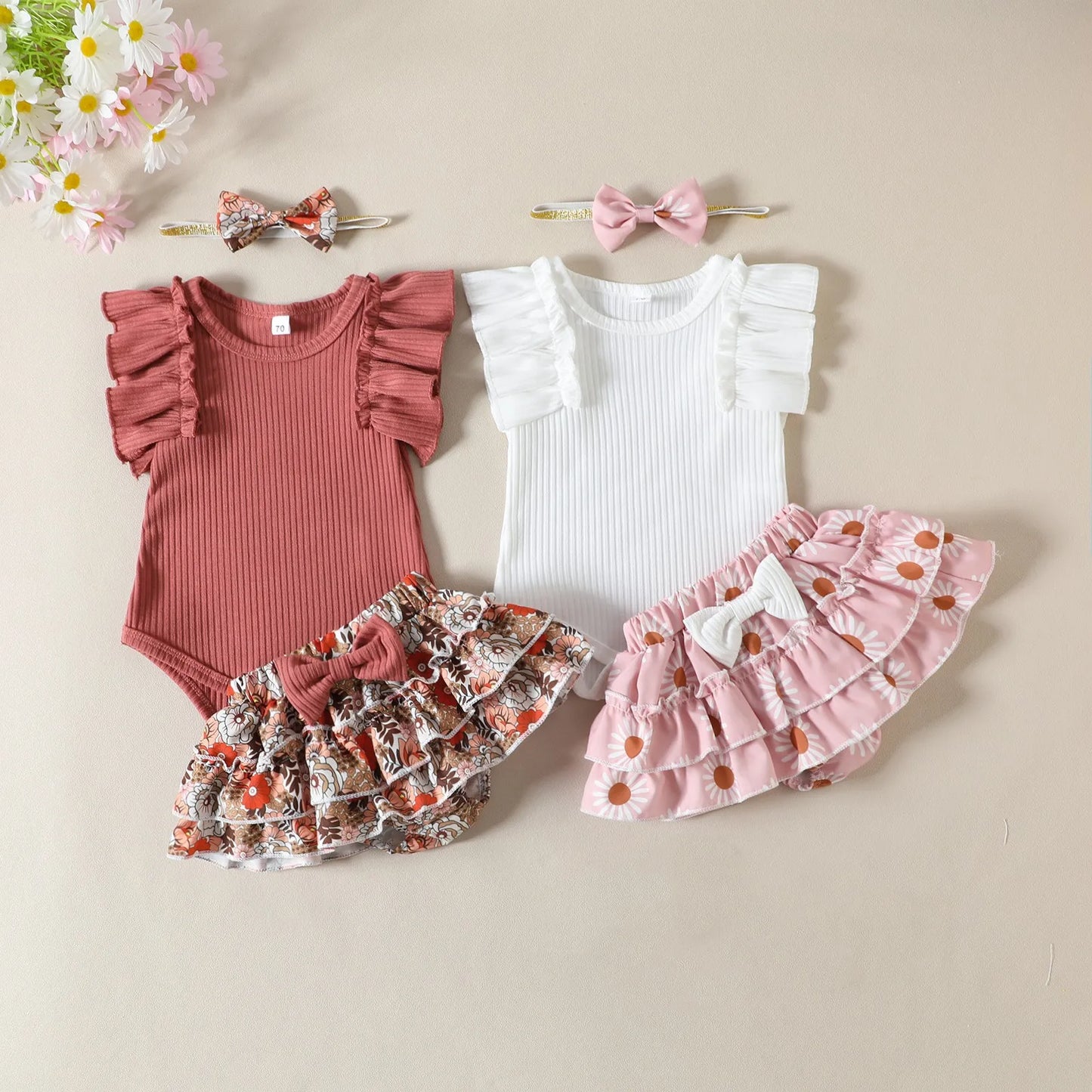 Newborn Baby Girl Summer Cotton Cute Romper Outfit Short Sleeve Tutu Skirt Bowknot Headband Set Birthday Party Clothes