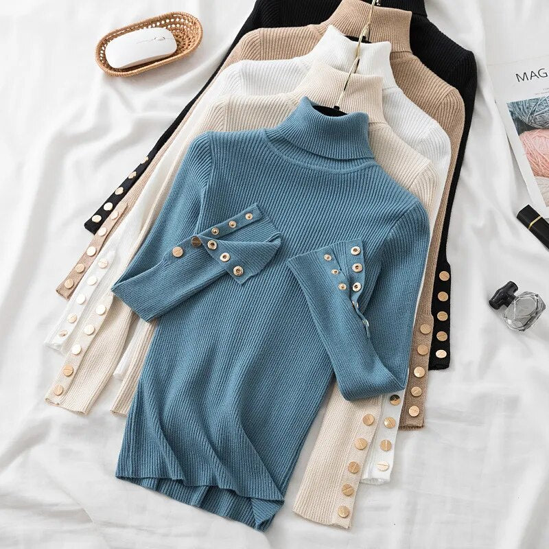 Thick Sweater Pullovers Long Sleeve Tops Women Autumn Winter Clothes Slim Knit Soft Jumper Streetwear Button Turtleneck Sweater