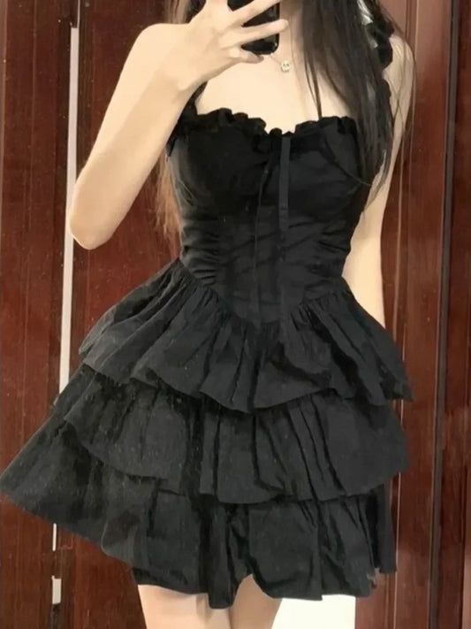 QWEEK Gothic Hrajuku Goth Lolita Kawaii Cute Black Ruffles Dress Soft Girl Y2k Coquette 2024 Fashion Cake Party Short Dresses