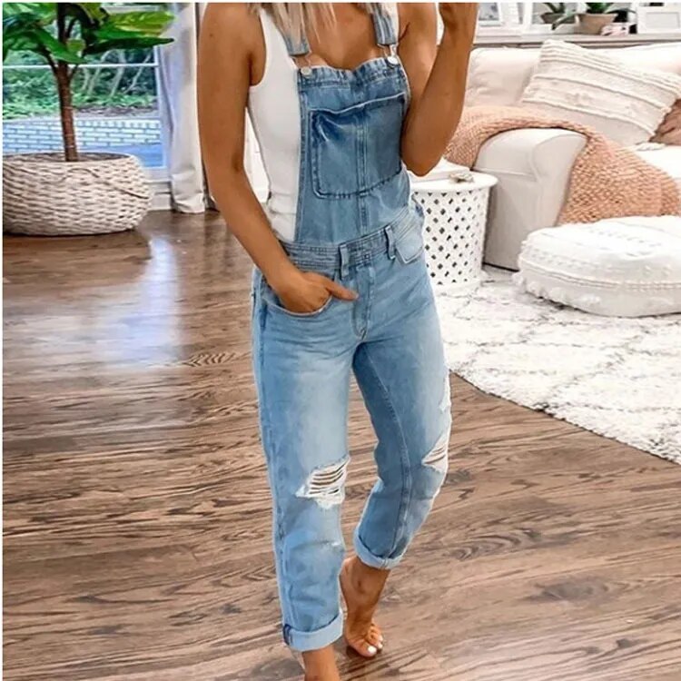 Women's suspenders with holes, washed and slimming jumpsuit, suspenders, women's pants