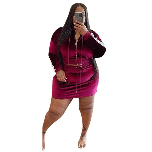 Wmstar Plus Size Women Clothes Velvet Sweatsuit  2 Two Piece Set Hoodie Mini Skirts Sets Matching Outfits Wholesale Dropshipping