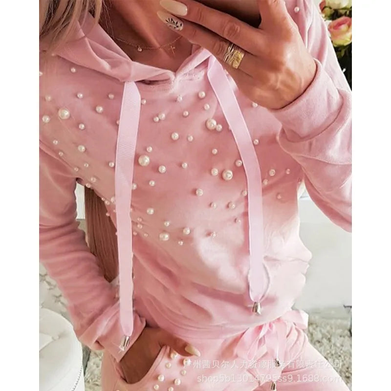 2024 New Women's Clothing Pink Bubble Beads Decorative Hooded Sweater Pullover Sweatpants Trousers Casual Suit 2-Piece Set