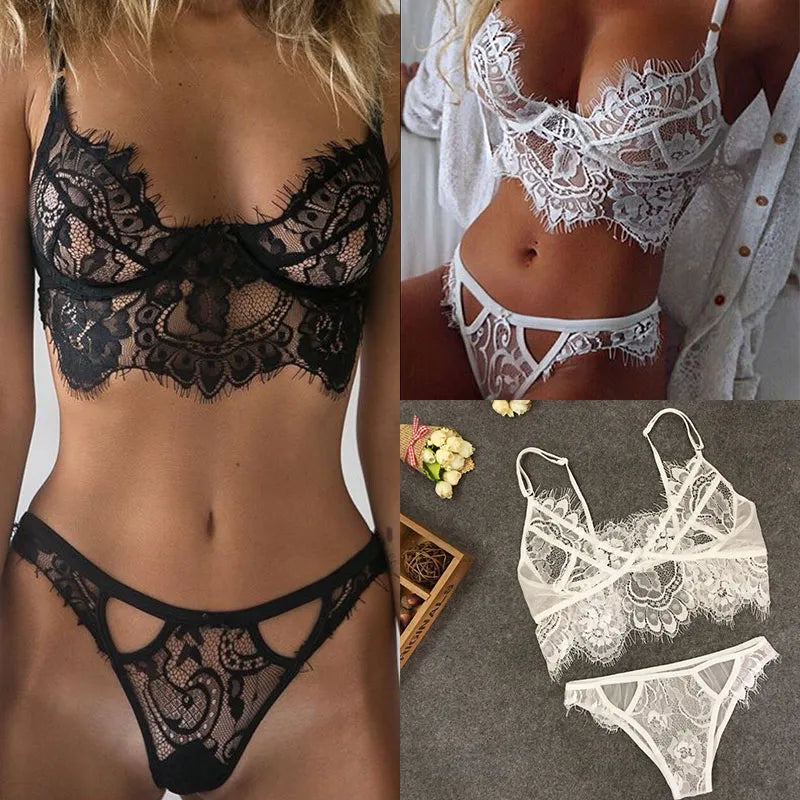 Sexy Thin Lace Underwear Suits Transparent Lingeries Flower Print Lingeries Bodysuit Bras Soft Women Deep V Sleepwear