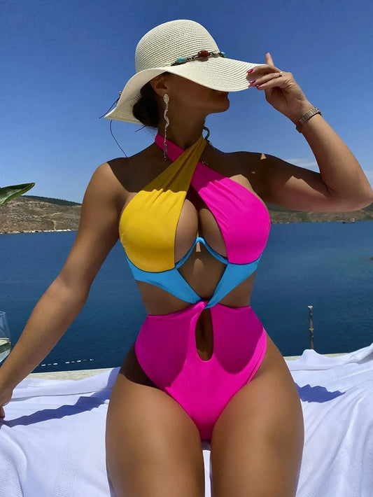 Sexy Constrast Color Swimwear Women Halter Cross Underwire Cut Out One Piece Swimsuit Bathing Suit Hot Pink Patchwork Bikini