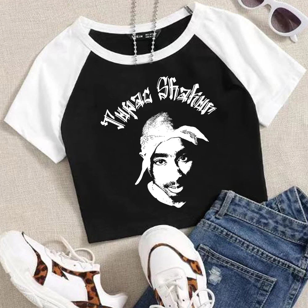 Rapper 2Pac Tupac Graphic T-Shirt Hip Hop Tupac Print Crop T Shirts Summer Short Sleeve Ladies Clothes