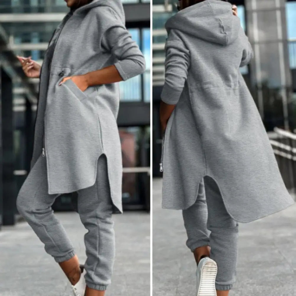 Women Two-piece Tracksuit Set Women Suit Women's Hooded Coat Pants Set with Irregular Split Hem Long Sleeve Fleece Tracksuit