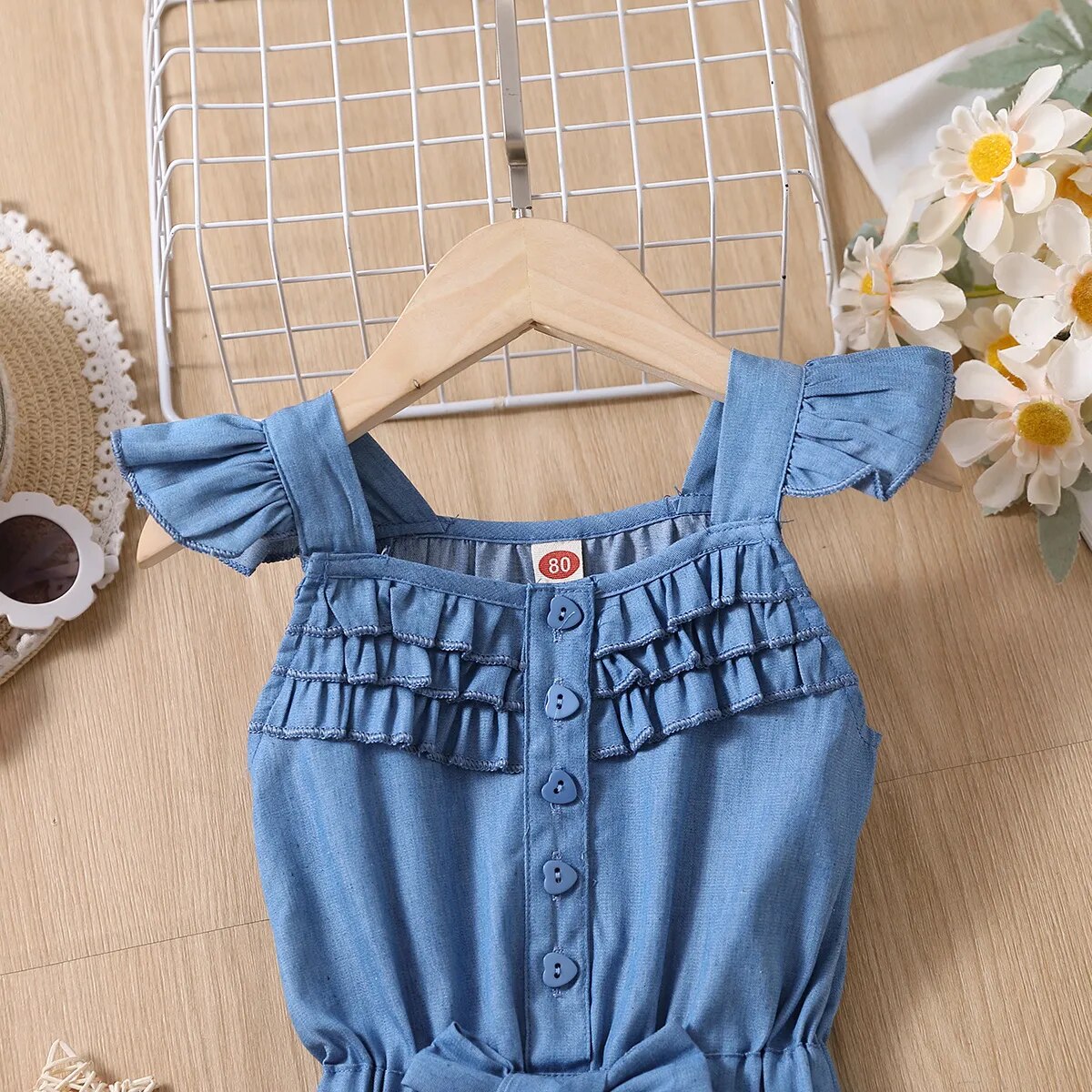 Summer girls' clothes, children's bow denim sleeveless one-piece, European and American street style kids clothing