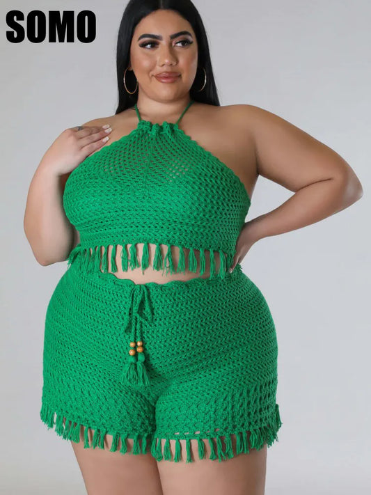 SOMO Plus Size Sexy Women Knitted Two Pieces Set Summer Halter Top Shorts Hollow Out Crochet Beach Wear Wholesale Dropshipping