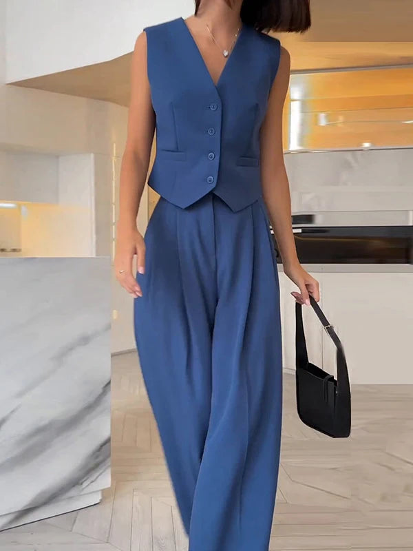 Blue Wide Leg Trousers Office Suit for Women 2024 Spring V-neck Sleeveless Vest Two Piece Set Pantsuit Women's Tracksuit Outfit