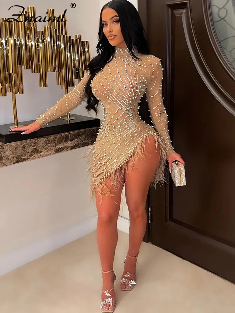 Evening Celebrity Feathers Sheer Mesh Short Dresses for Women Sexy Pearls Rhinestones Party Birthday Vestidos