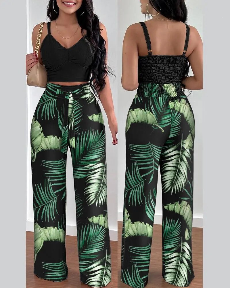 Women Fashion Print Halter V-Neck Short Tank Suit Tops Long Pants Matching Set Summer Casual Female Slim Pants Two Piece Sets 