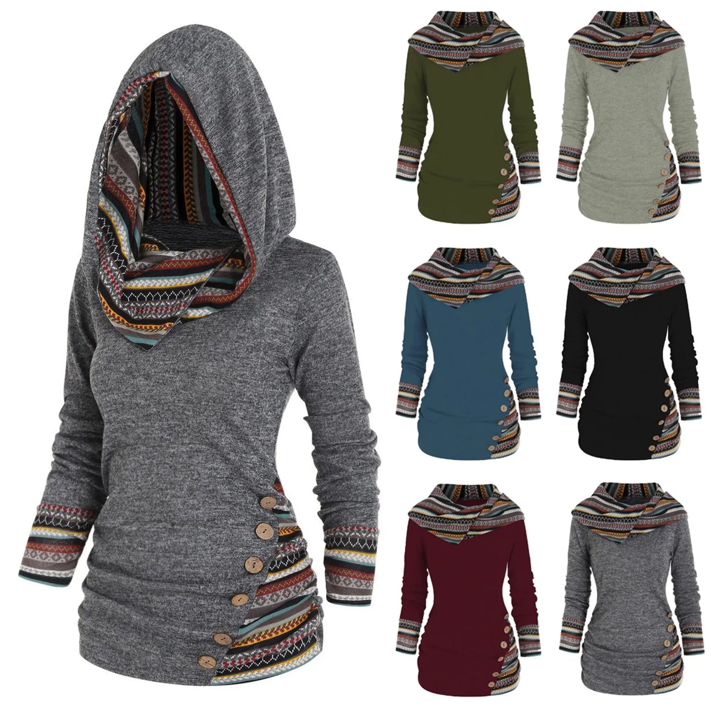 Plus Size Geometric Stripe Panel Hooded Top Long Sleeve Button Top Pullover Tops For Women New Fashion Simple Versatile Clothing