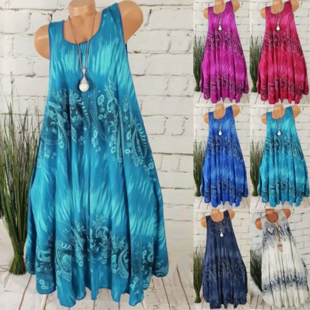 Summer Dresses for Women 2024 Trendy Casual Boho Dress Ladies Plus Size Crew Neck Floral Midi Dress Loose Beach Tank Sundress