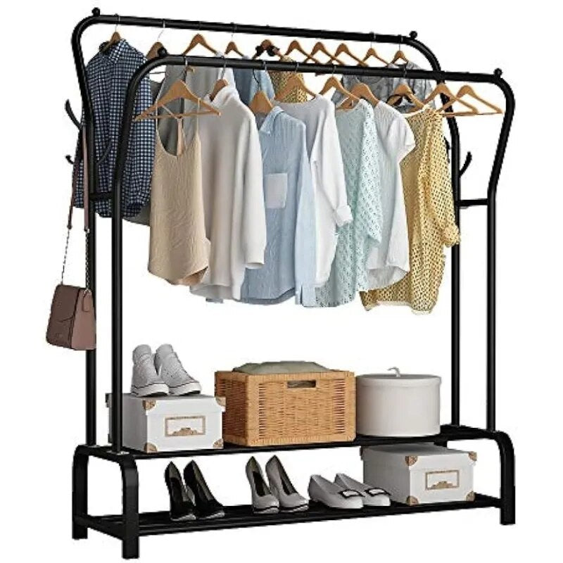 UDEAR Garment Rack Freestanding Hanger Double Rods Multi-functional Bedroom Clothing Rack, Double layer ，4 Hooks，