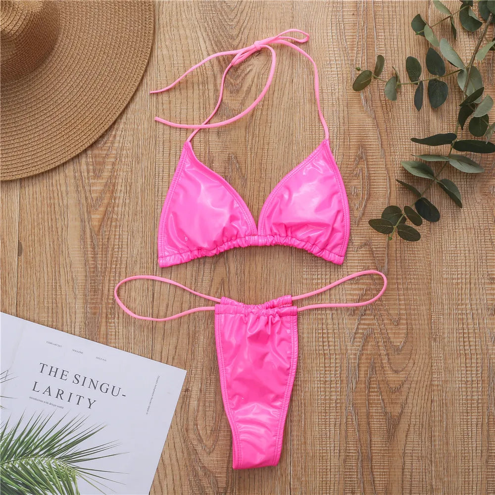 Sexy Neon Bikinis Push Up Swimwear Bright PU Leather Women 2024 Thong Swimsuit Micro High Cut Triangle Female Bathing Suit Mujer