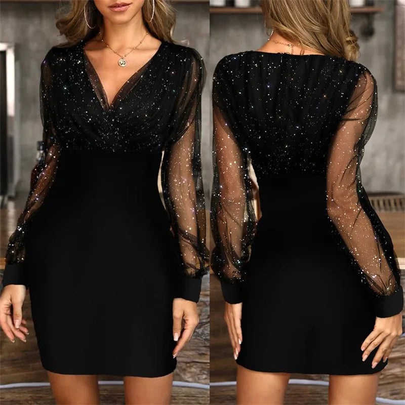 Women's Sexy V-neck Mesh Sequined Long Sleeve Dresses, Elegant Party, Club, Evening, Plus Size