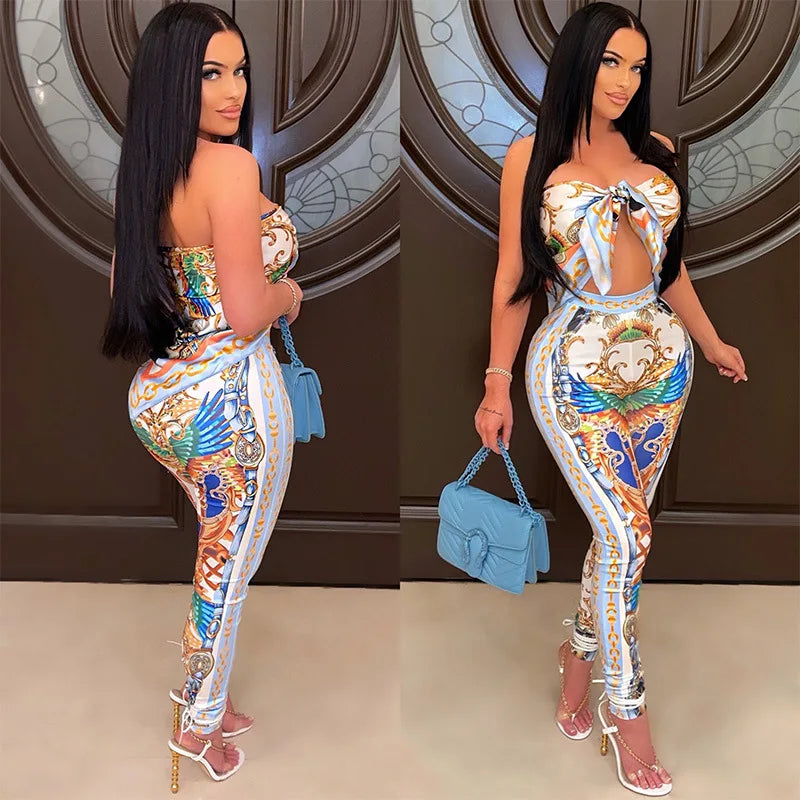 VAZN 2022 Summer Women New Sexy Holiday Style Sets Sleeveless Strapless Elastic Long Pants Printed Two Piece Sets