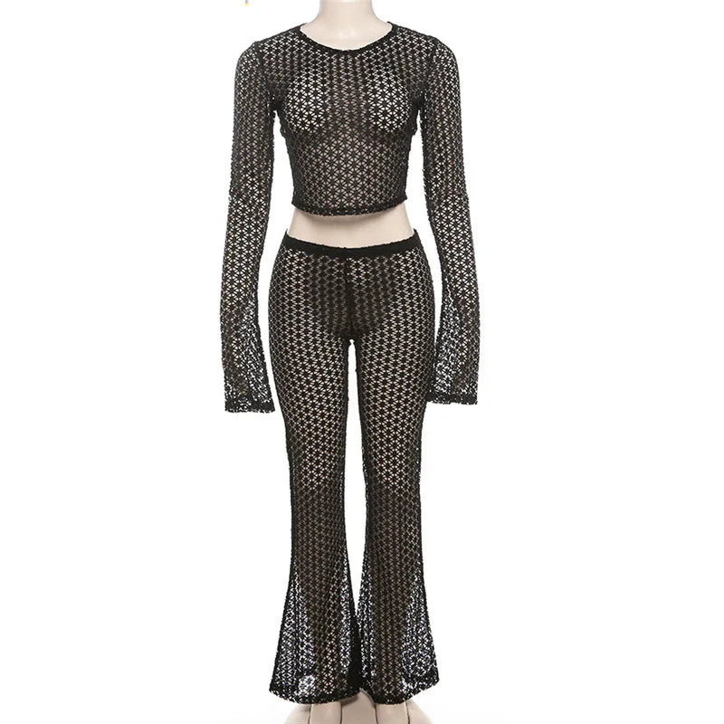 Women Sexy Hollow Out 2 Piece Set See Through Long Sleeve Crop Tops + Elastic Waist Flare Pants Casual Streetwear Holiday Suits