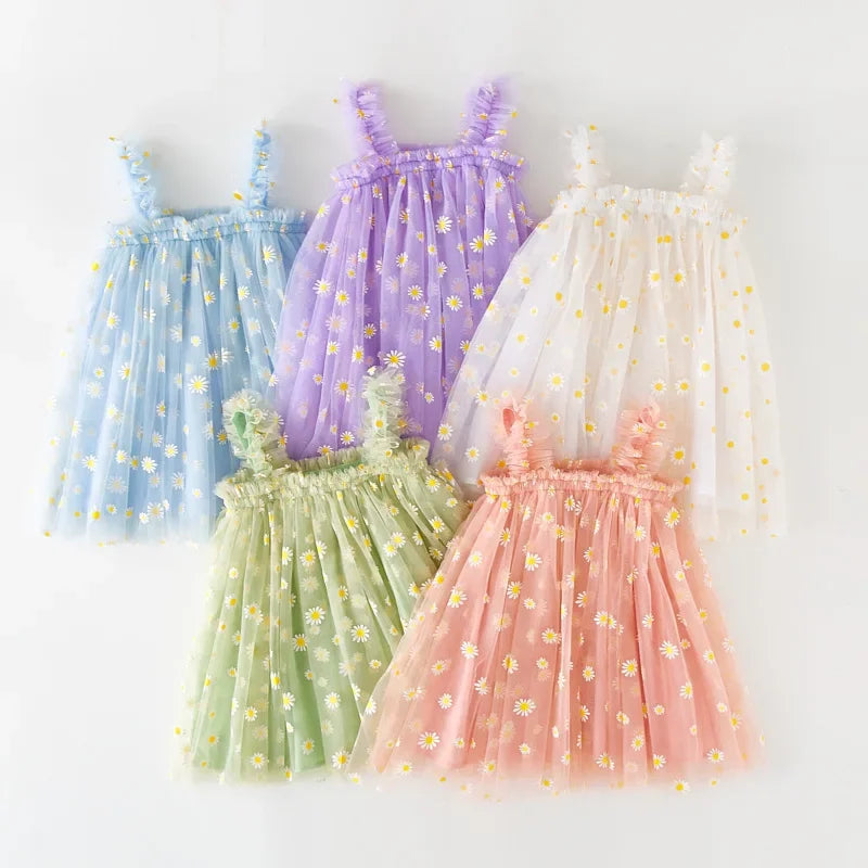 Summer New Flower Embroidered Casual Dress Baby Sweet Daisy Mesh Puffy Slip Dress Toddler Kid Fashion Princess Dress 12M-8T