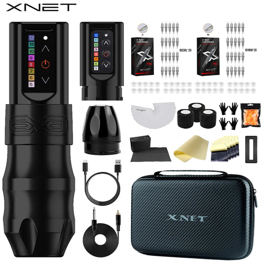 XNET EXO Wireless Tattoo Machine Kit with Extra 2100mAh Power Supply 40 Mixed Tattoo Cartridges for Tattoo Artists