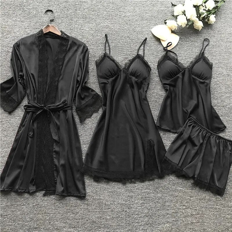 Spring Women Pajamas Sets Satin Sleepwear Silk 4 Pieces Nightwear Pyjama Strap Lace Sleep Lounge Pajama With Chest Pads