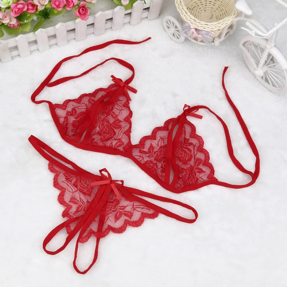 Perspective Lace Lingerie Set Sexy Sleepwear Crotchless Panties Lace Women G String Bowknot Underwear Sexy Lingeries For Woman