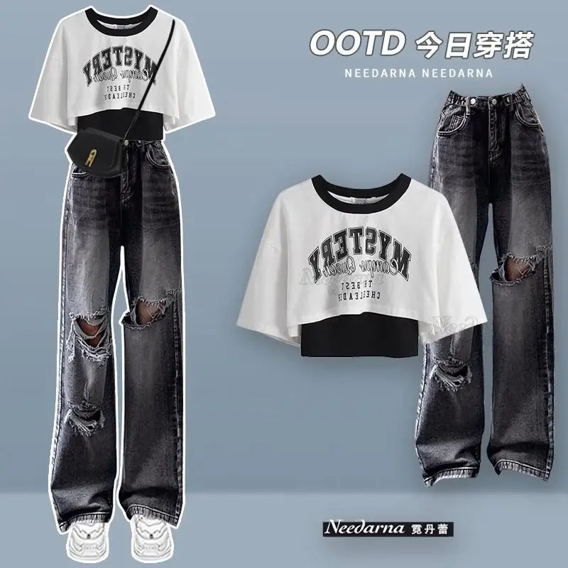 Spring/Summer Sweet Cool Set for Female Students Korean Fashion T-shirt+Personalized Ripped Jeans Two-piece Set