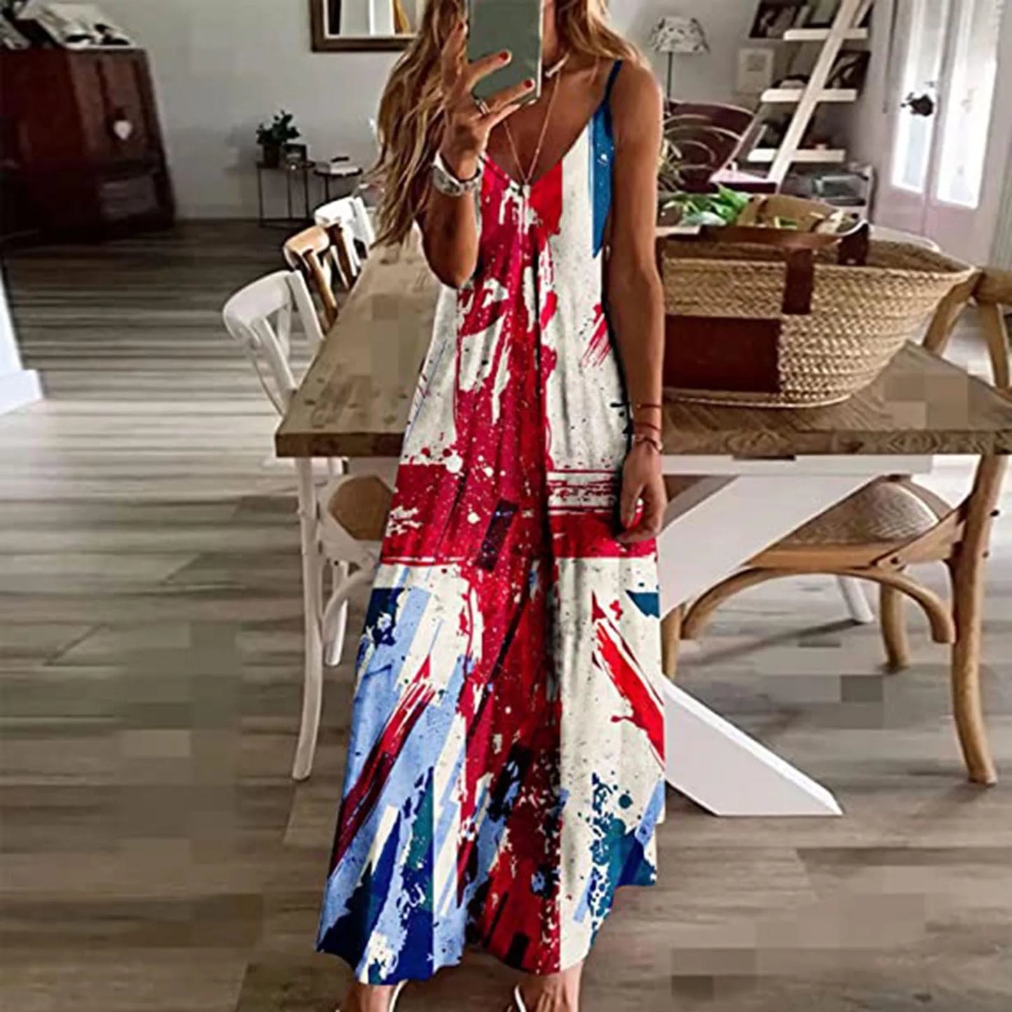 Women Independence Day Maxi Dress The Fourth Of July Long Dress Female Flag Print Summer Cami Dress Robes Longues