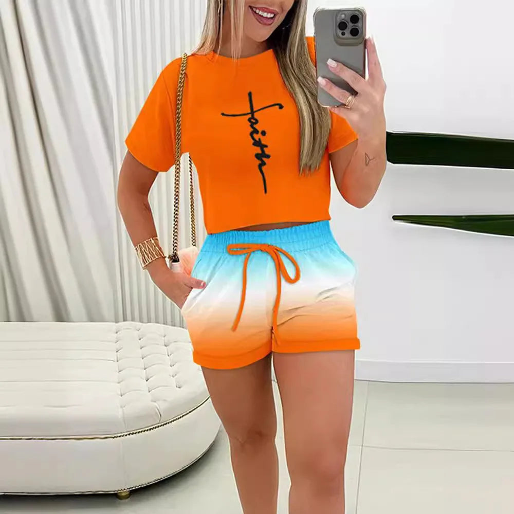 Summer New Women's Set Fashion Round Neck Printed Short Sleeved T-shirt Lace Up Pocket Shorts Casual Sports Women's Set