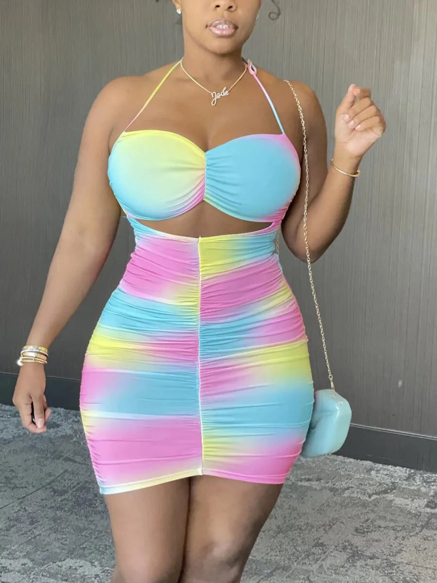 Plus Size Tie-dye Backless Ruched Mini Dress Full Print Rainbow Sleeveless Pierced Halter Pressed Pleat Streetwear Skinny