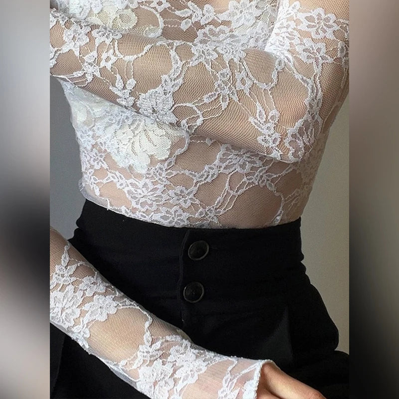 Sexy Tight T-Shirt for Women 2024 White High Neck Long Sleeve Spring/summer New Top Bodysuits Flower Lace Women's Clothes